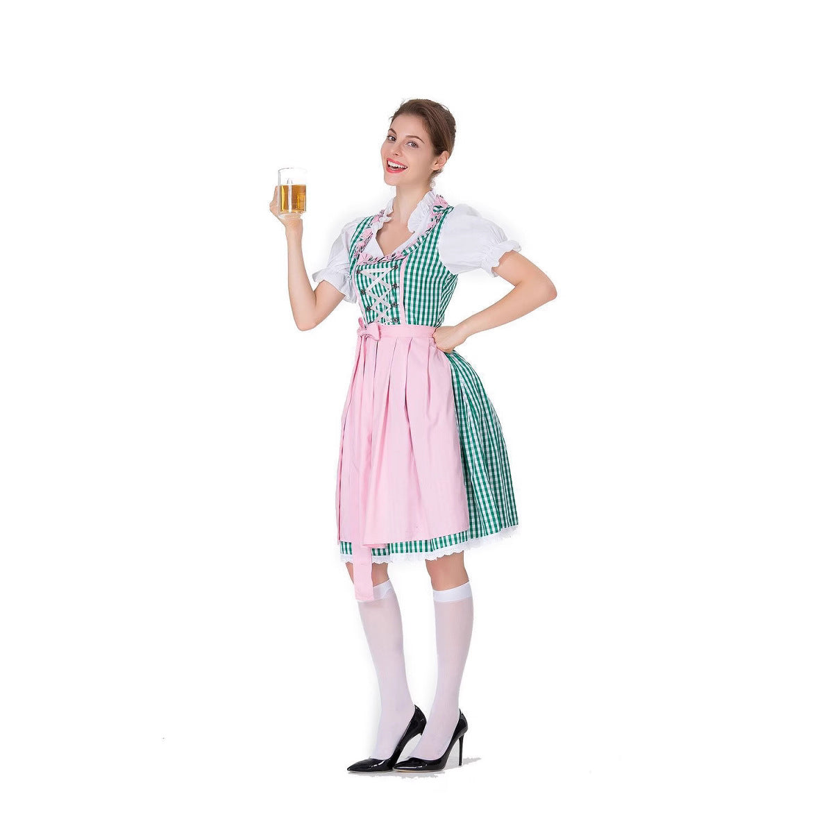 Women's German Oktoberfest Dirndl Costume – Plaid Dress, White Blouse & Apron | 3 Colors | S–3XL