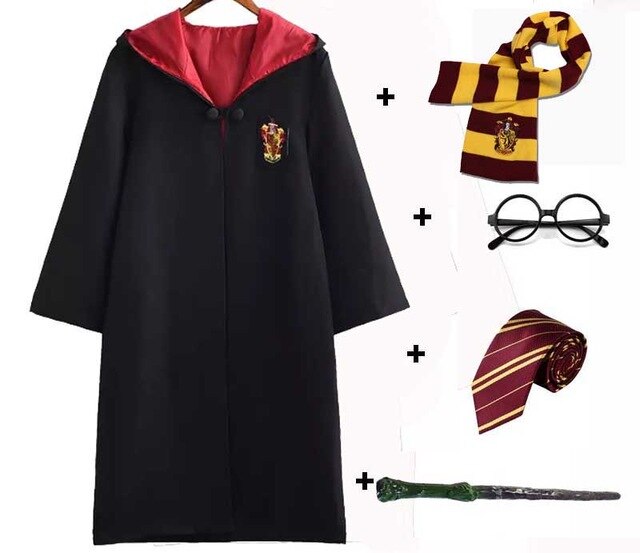 Halloween  Cosplay Costume Kids Adult Gryffindor Robe Ravenclaw Hufflepuff Slytherin Cloak Robe Tie Scarf Wand