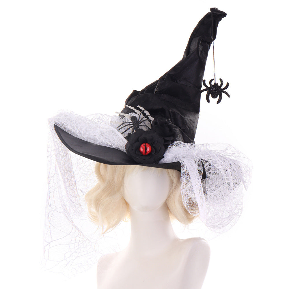 Halloween Ruffled Lace Witch Hat for Party, Costume Cosplay, Black Bone Decorated Wizard Hat
