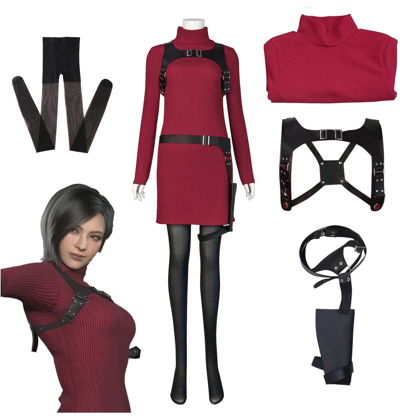 Ada Wong Cosplay Costume – Resident Evil 4 Remake | Dark Red Turtleneck Dress, Tactical Harness, Belt Holster & Socks | XS–3XL