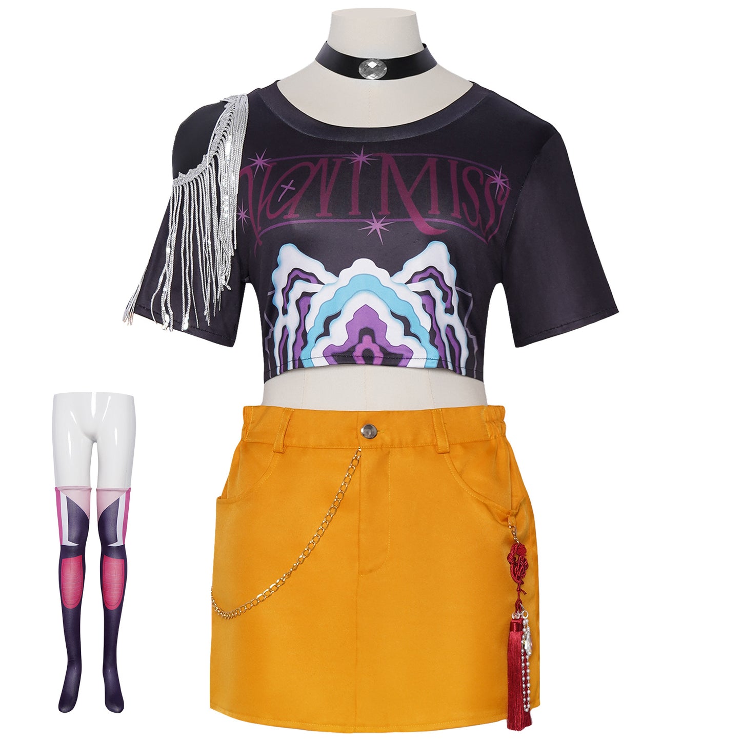 Mira Cosplay Costume – Witch Hunt | Black Graphic Crop Top, Yellow Mini Skirt, Choker, Fringe & Printed Tights | Kids & Adults