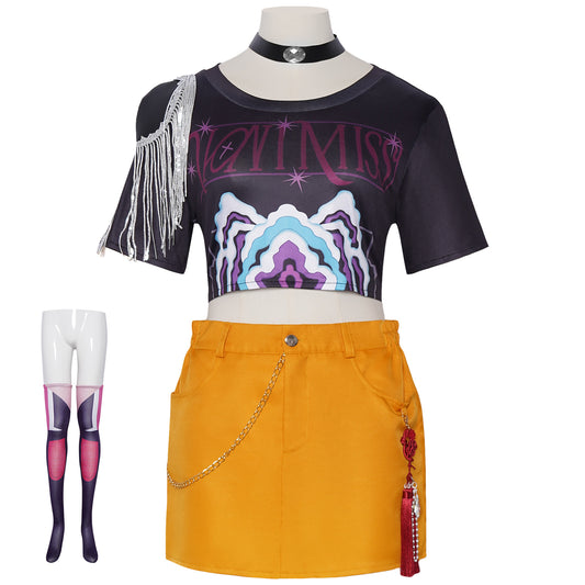 Mira Cosplay Costume – Witch Hunt | Black Graphic Crop Top, Yellow Mini Skirt, Choker, Fringe & Printed Tights | Kids & Adults