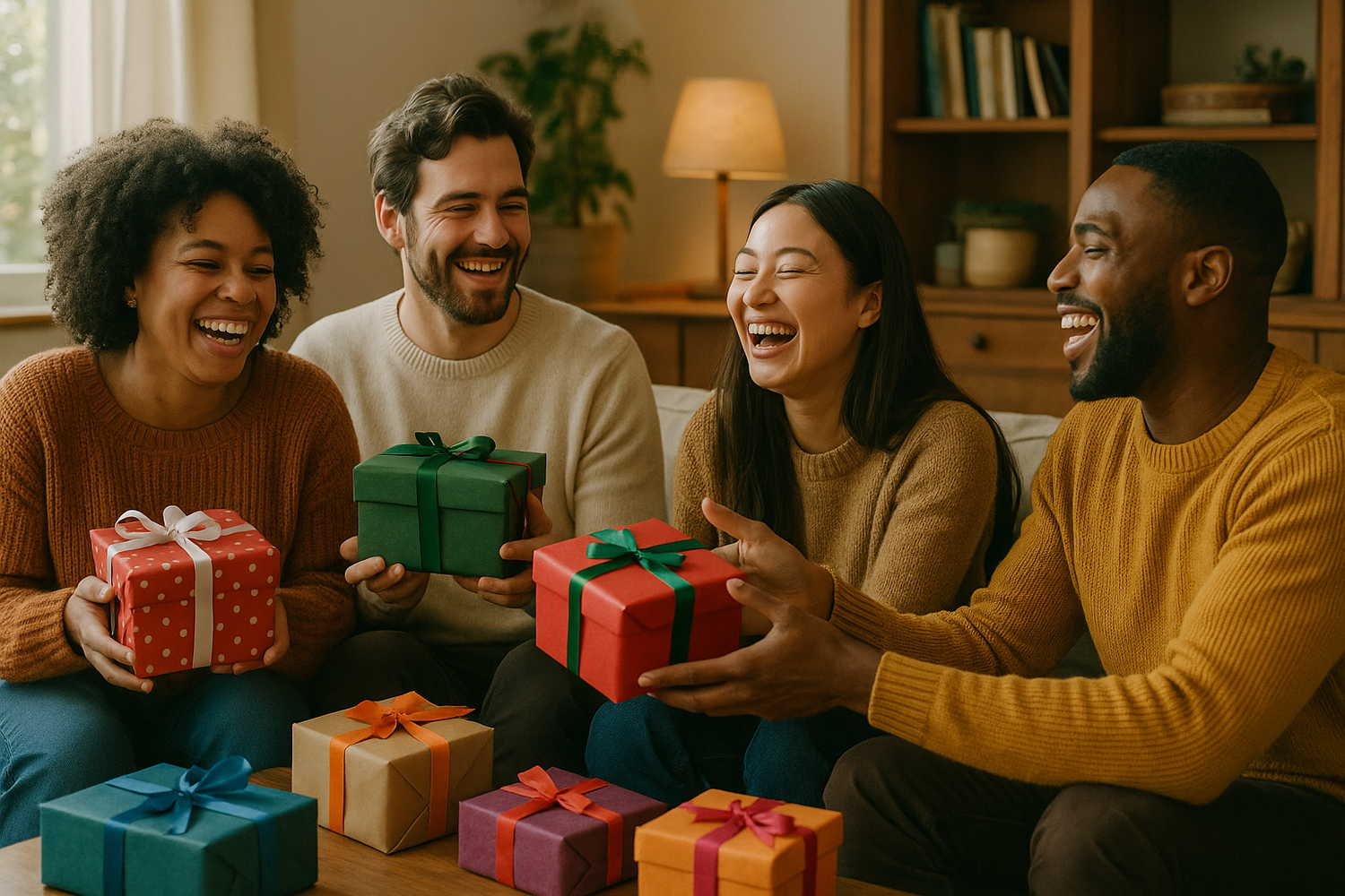 friends laughing and giving gifts
