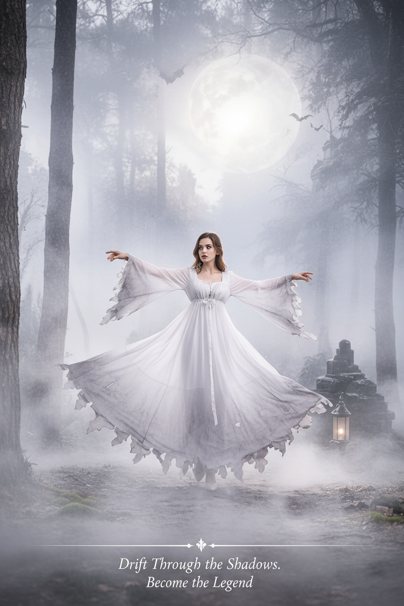 Halloween White Ghost Costume Dress – Women's Full-Length Role Play Outfit (M–XXL)