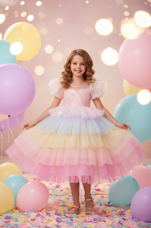 Girls Halloween Princess Tutu Dress – Colorful Short Sleeve Birthday & Performance Dress (Sizes 100–150cm)