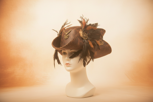 Halloween Faux Leather Pirate Hat – Gothic Feather & Gear Tricorn Costume Prop (Black & Brown)