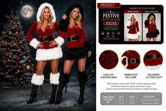 Hooded Velvet Christmas Costume Dress – Santa & Dark Santa Set with Hat & Belt (One Size)
