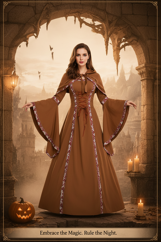 Halloween Witch Costume Dress – Cotton Blend Anime Cosplay Stage Performance Gown (Khaki & Red, S–XL)