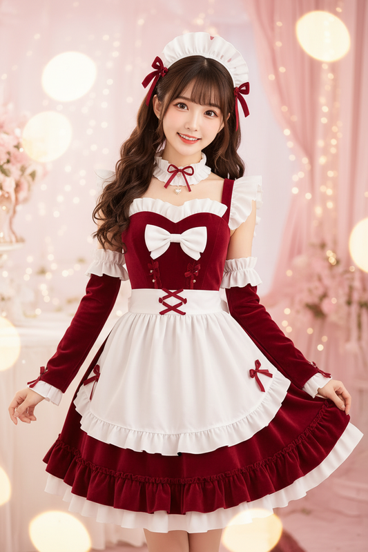 Halloween Wine Red Velvet Princess Maid Cosplay Costume Set – Anime Game Dress with Accessories (S–5XL)