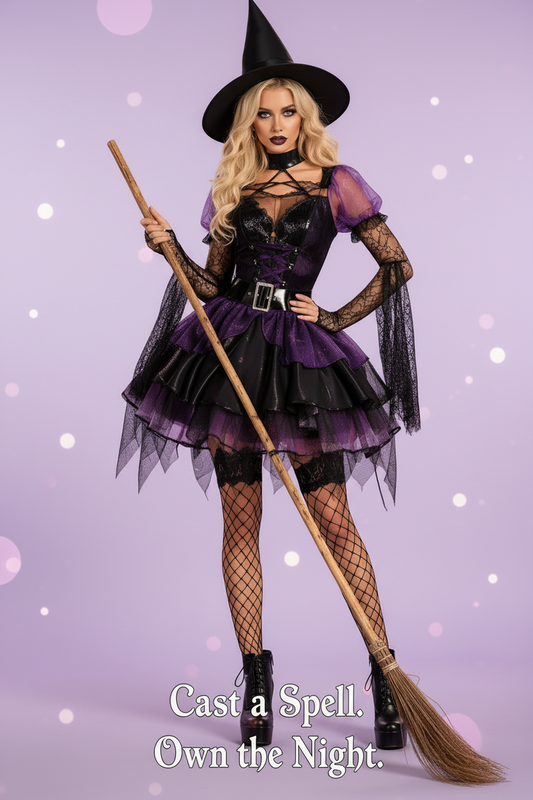 Halloween Purple Witch Cosplay Costume Dress – Lycra Stage Performance Outfit (M/L/XL)