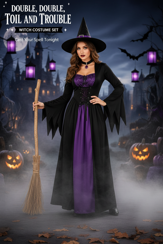 Witch Halloween Costume Set – Women's Role Play Dress with Hat & Collar